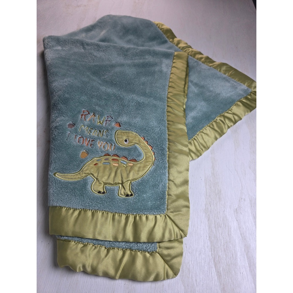 Lullaby Lane Rawr Means I Love You Dinosaur Baby Blanket Sage Green Satin Trim